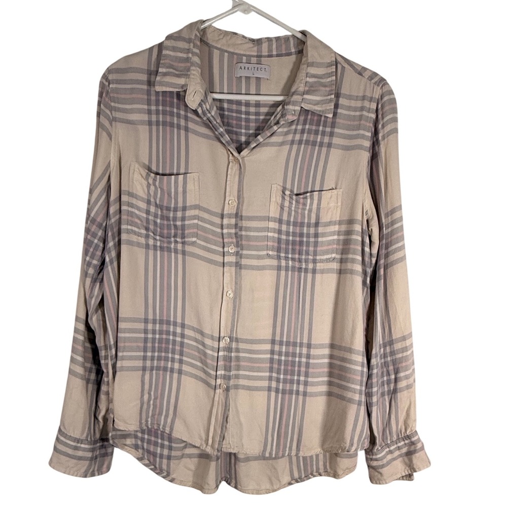 Arkitect Womens Plaid Button Down Shirt Cream Grey Pink Viscose Size L 8772